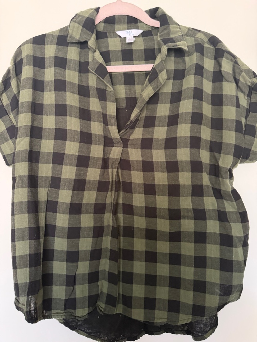 Time and Tru Olive Green and Black Plaid Short Sleeve Top